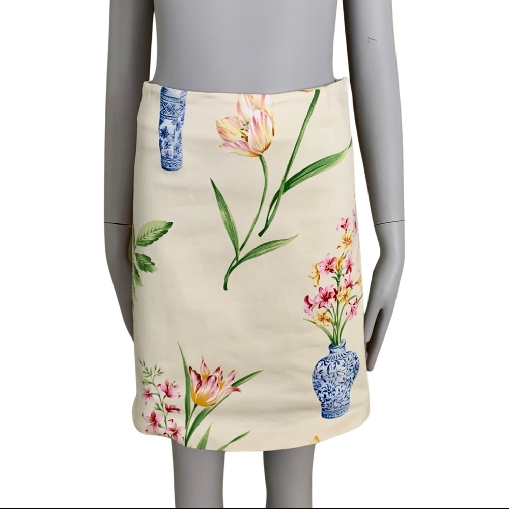 YUKA RESORT Floral Blue Vase Cotton Pencil Skirt